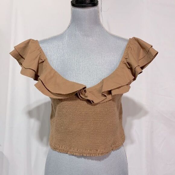 Maeve Tops - MAEVE Anthropologie ruffled neckline crop top caramel color size 12 NWT